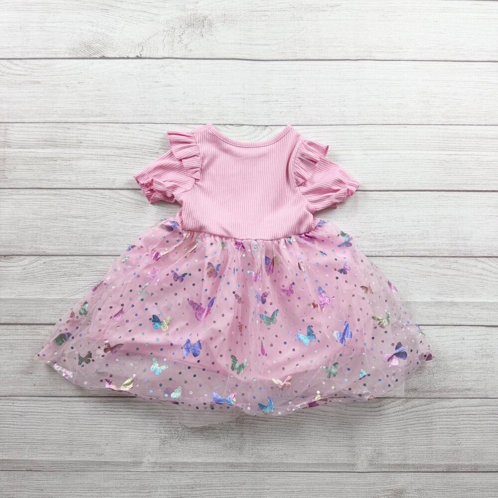 Stitch Toddler Girl Pink Butterfly Tulle Dress Flutter Sleeve Party Dress 1-2y - Picture 3 of 3